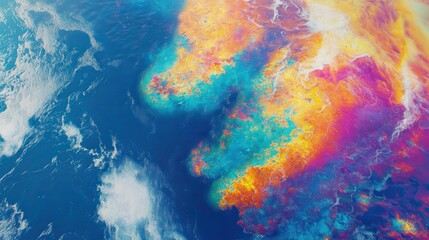 Fototapeta premium Vibrant oil spill creating a rainbow effect on the surface of a body of water viewed from above