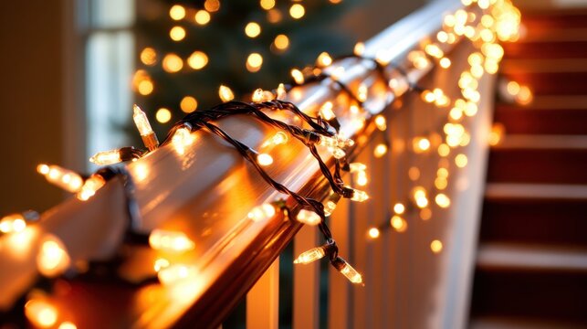 Warm Glowing Christmas Lights Wrapped Around an Indoor Banister Creating a Cozy Festive Atmosphere