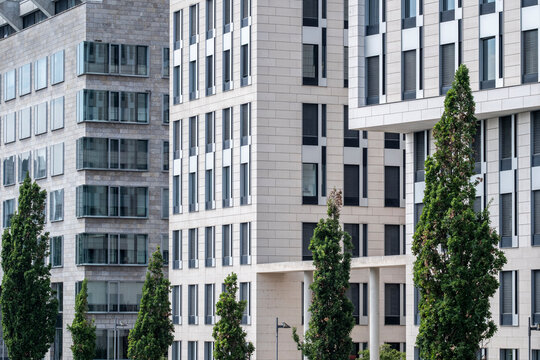 Residential towers and trees fill a modern building facade view where architecture, window grids, urban apartment density, and greenery align