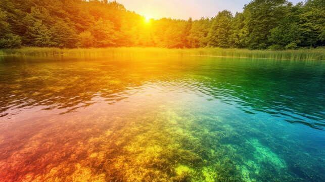 Vibrant toxic algae bloom glowing in the afternoon sun on a forest pond surface displaying colorful aquatic life and natural reflections
