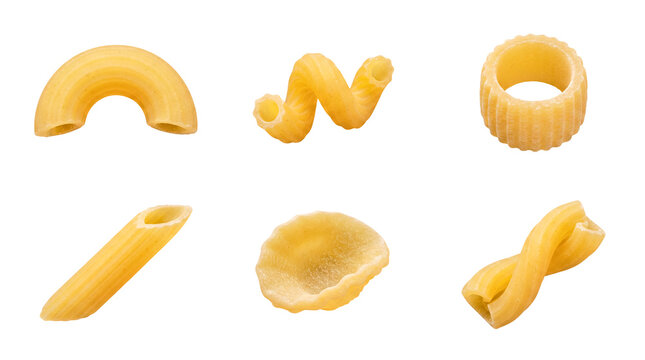 Diverse Italian pasta types collection, including macaroni and penne, isolated on transparent background for cooking.