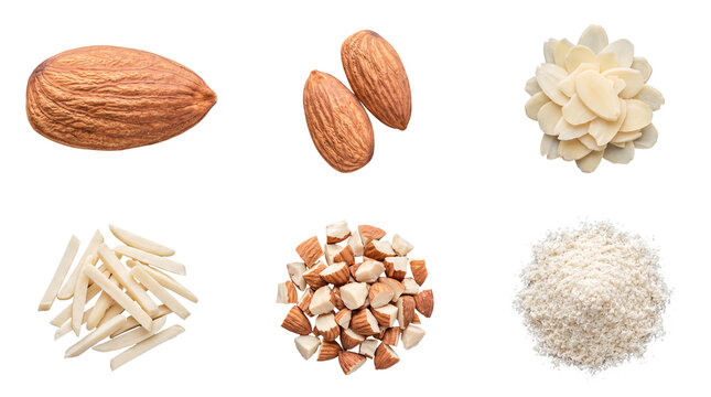 Comprehensive almond collection featuring whole, shelled, flaked, slivered, diced, and ground nuts.