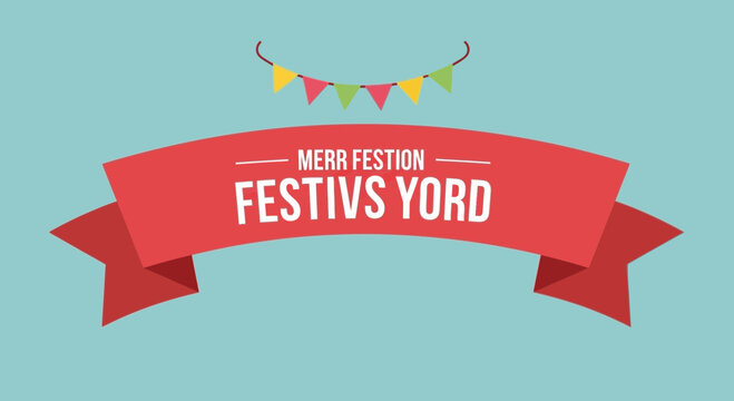 Festive Red Ribbon Banner with Colorful Bunting on Blue Background