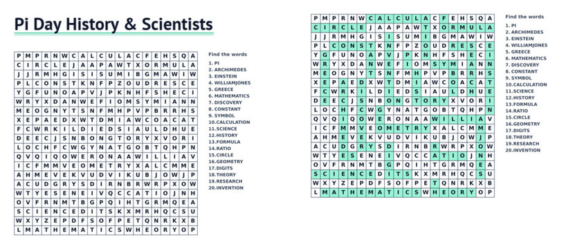 A puzzle sheet for finding words for Pi Day on the topic of the History of Pi Day and scientists with answers for children and adults, advanced level