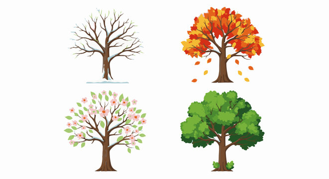 Four trees depict the changing seasons from winter to autumn to spring to summer