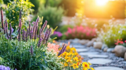 Obraz premium Vibrant Wildflowers and Lush Garden in Bloom Bathed in Warm Golden Hour Sunlight Creating a Breathtaking Natural Scene