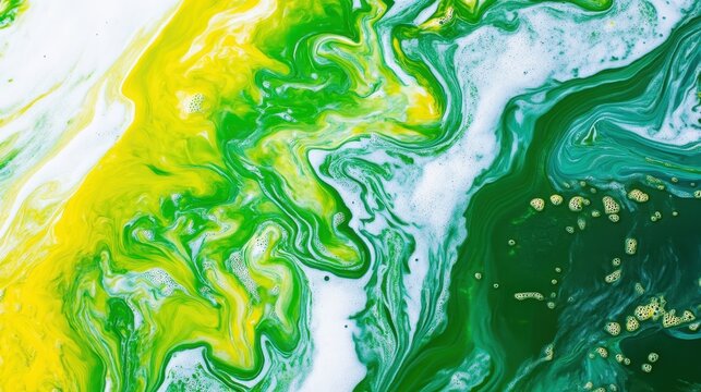 Vibrant toxic algae bloom forming a dense green and yellow layer on a polluted pond surface