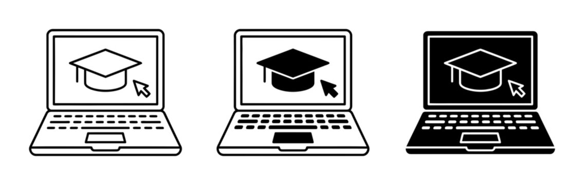 Online Education Icons: Laptop with Graduation Cap, Digital Learning, E-Learning Concepts, Set of 3