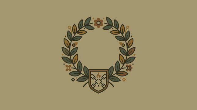 Flat Minimalist Laurel Wreath with Shield Emblem and Floral Accents