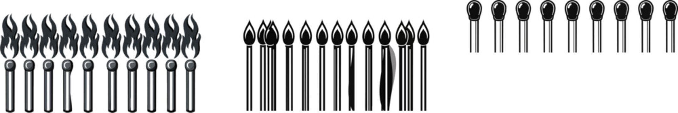 A continuous repeating simple safety matchstick and sulfur tip doodle border trim with solid black line art on a crisp white background creates an ideal vector tracing element for clean design