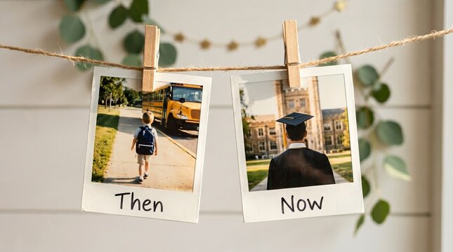 Hanging Then Now Wall Photos clipped to a string showing childhood and commencement milestones.