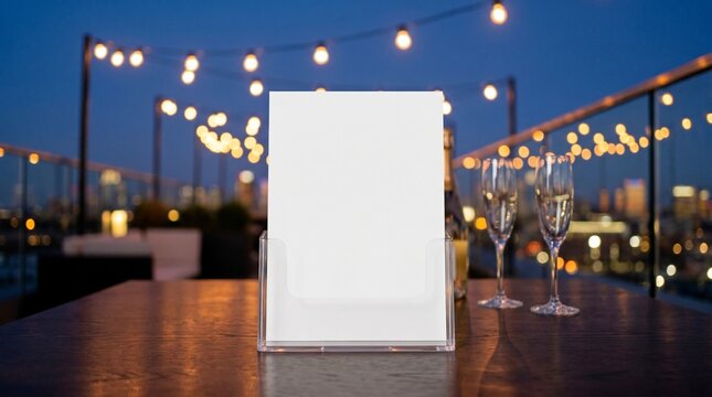 Party Table Card Mockup in clear stand at rooftop evening gathering for alumni dinner menus and seating charts.