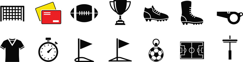 Soccer and Football Icon Vector Set with Sports Equipment and Referee Cards © Abdul