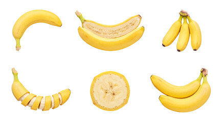 Assortment of fresh yellow bananas presented whole, peeled, sliced, and in bunches. © Piotr