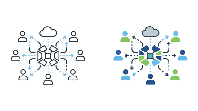 Cloud computing team collaboration icon with distributed nodes and data flow in professional flat vector illustration