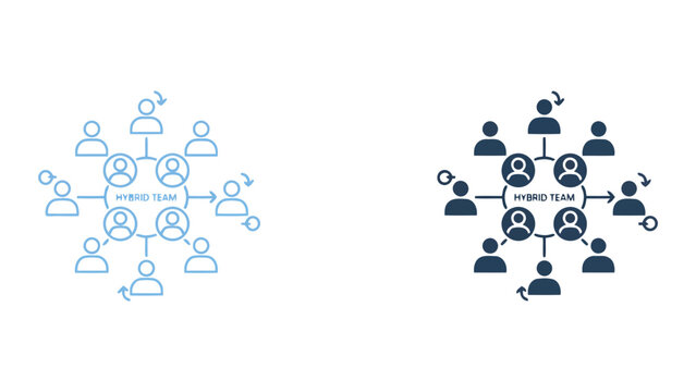 Hybrid team structure icon with central core and connected remote worker nodes in professional flat vector design