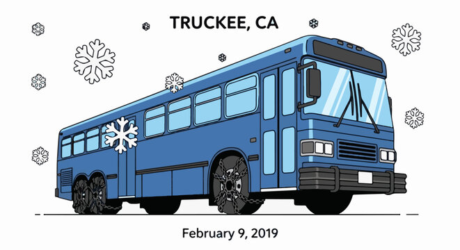 Blue bus with snow chains in Truckee, CA on February 9, 2019