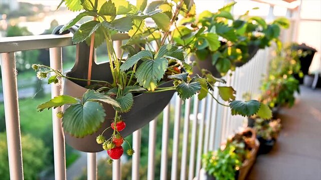 Row of strawberry planters on apartment balcony railing in warm golden evening light with city background