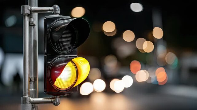 Traffic light shows red at night with blurred cars passing by in a busy city street