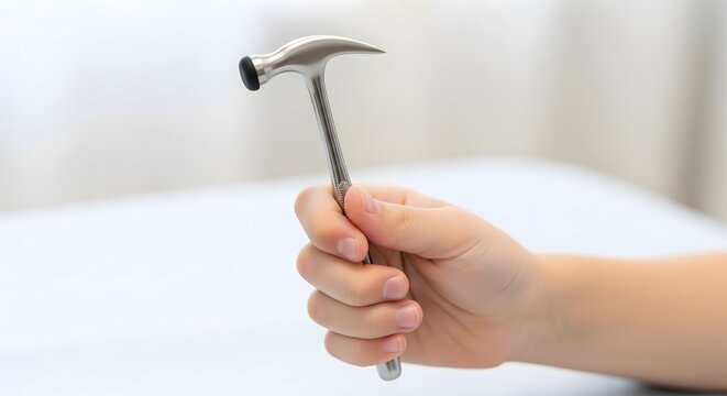 Hand holding a reflex hammer for medical examination in a clinic