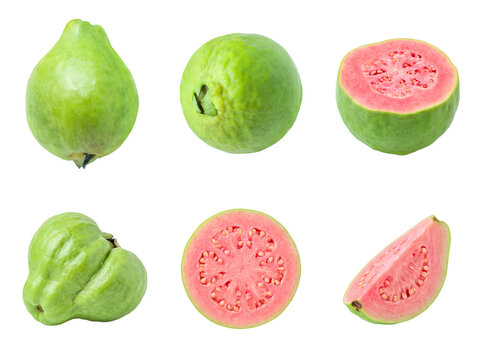 Selection of fresh and ripe green guavas, including whole fruits and those cut open to reveal red juicy pulp.
