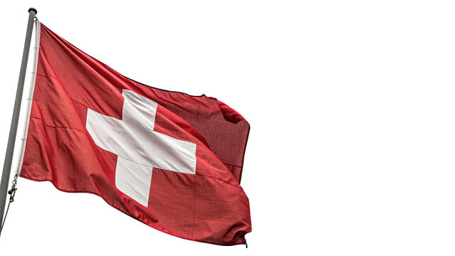 National flag of Switzerland waving on a metallic silver flagpole isolated on transparent background PNG cut out