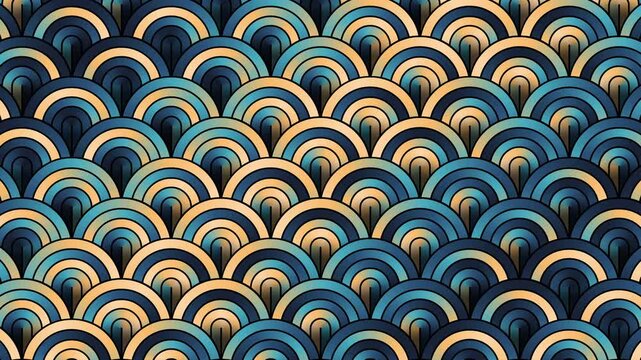 Japanese Seigaiha or Blue Wave traditional pattern seamless loop abstract background. Concentric overlapping circles, like fish scales or flowing water.