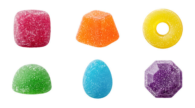 Assorted colorful sugary gummy candies in various shapes and flavors, including red, orange, yellow, green, blue.