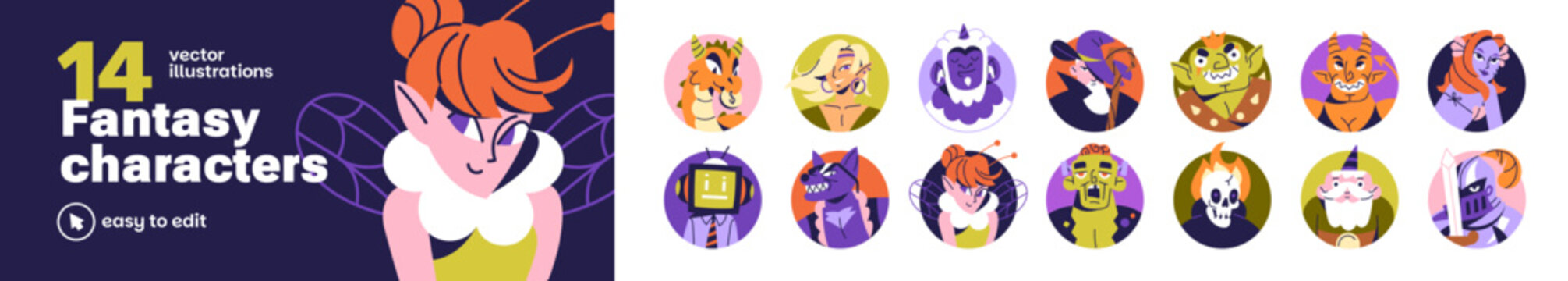 Fantasy characters avatars set. Funny faces of different fairytale creatures in circle shape. Portraits of dragon, knight, elf, wizard for profiles in game. Flat isolated vector illustrations on white