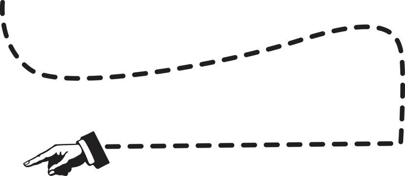 Hand pointing at curved dashed line illustration