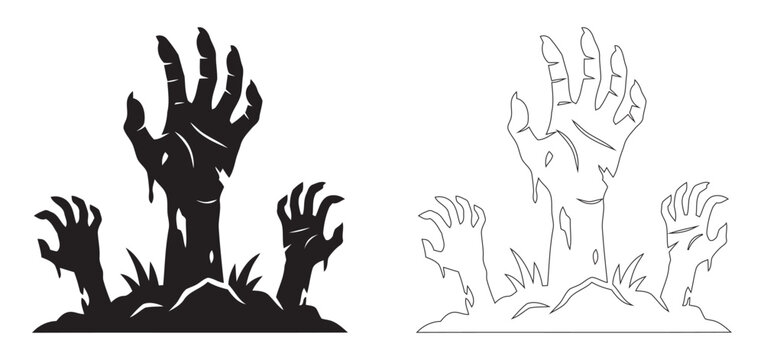 Spooky Halloween Scary Zombie Hands Rising From Grave Silhouette And Line Art Vector Illustration For Creepy Holiday Party Invitation Haunted House
