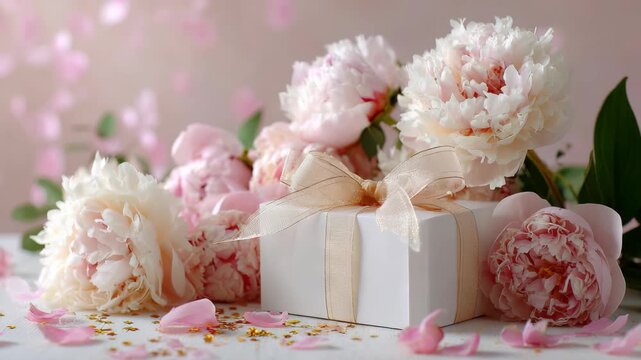 Flowers in a white box gift arrangement with petals scattered around on a light surface during a celebration moment