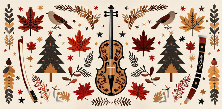 Nordic folk art composition with drum, violin and flute. Symmetrical pattern with maple leaves and birds. Warm embroidery style and symbolic harmony