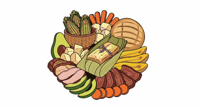 A festive assortment of food, featuring meats, fruits, vegetables, and a tamale