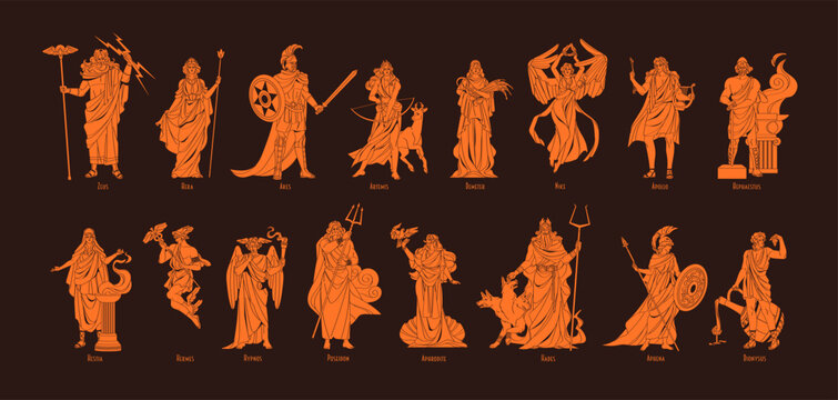 Set of Greek Gods and Goddesses. Silhouettes of Olympian characters for antique vase pattern. Mythology of ancient Greece- Zeus, Hera, Hermes, Poseidon, Dionysus. Flat isolated vector illustrations