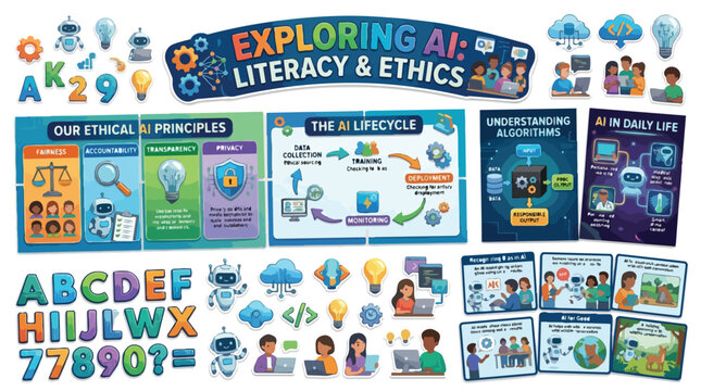 Exploring Artificial Intelligence Literacy and Ethics Educational Poster Set for Classroom Display.