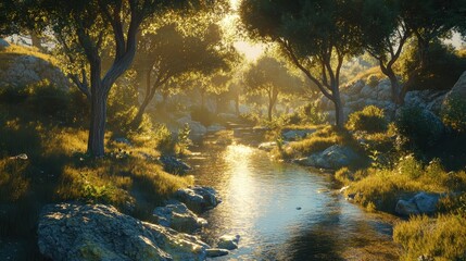 Obraz premium Golden Sunlight Illuminates a Serene Mountain River Flowing Through Lush Greenery