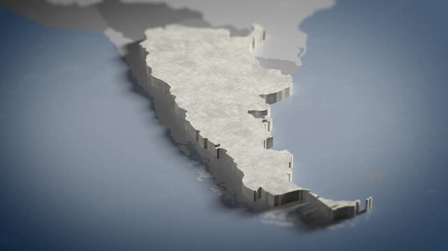 World map animation Birds eye view above Argentina, Argentine, Argentinian, Buenos Aires, South America with highlighted country borders. Cinematic 3d world map animation highlights aerial views, 4k V