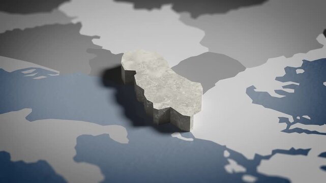 World map animation Birds eye view above Albania, Albanian, Tirana, Europe with highlighted country borders. Cinematic 3d world map animation highlights aerial views, 4k Video