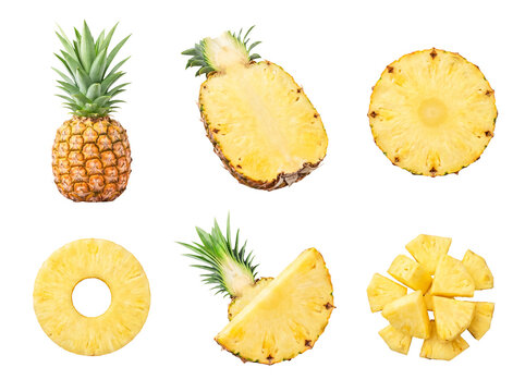 Vibrant fresh pineapple collection featuring whole fruit, half, sliced, rings.