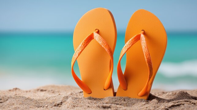 Orange flip flops on a sandy beach by the sea, symbolizing summer vacation, seaside travel, weekend getaway, relaxation, tourism and carefree holiday lifestyle. Summer background