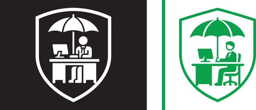 Business protection icon set with shield and umbrella over office worker at desk for insurance and workplace safety vector illustration