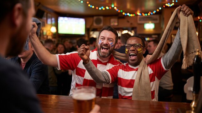 Ecstatic male friends celebrating a sports victory in a pub