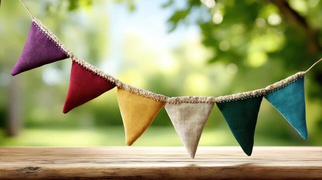 Colorful fabric flags are strung across a wooden table in a park on a sunny day during a gathering with friends and family