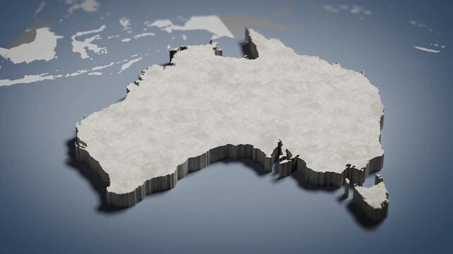 World map animation Birds eye view above Australia, Australian, Sydney, Oceania with highlighted country borders. Cinematic 3d world map animation highlights aerial views, 4k Video