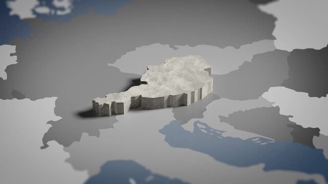 World map animation Birds eye view above Austria, Austrian, Vienna, Europe with highlighted country borders. Cinematic 3d world map animation highlights aerial views, 4k Video
