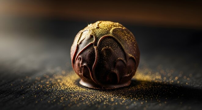 Gourmet dark chocolate truffle dusted with edible gold glitter on dark stone surface.