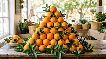 Pyramid of Fresh Oranges with Green Leaves Displayed on Wooden Table