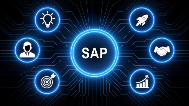 A glowing neon SAP system concept surrounded by smaller icons for ai and manufacturing process management, Motion graphics of learning concept