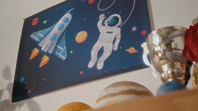 Low angle shot of space themed poster depicting astronaut and rocket hanging on wall above shelf with planet models and trophy. Footage is ideal for school promos or parenting blogs